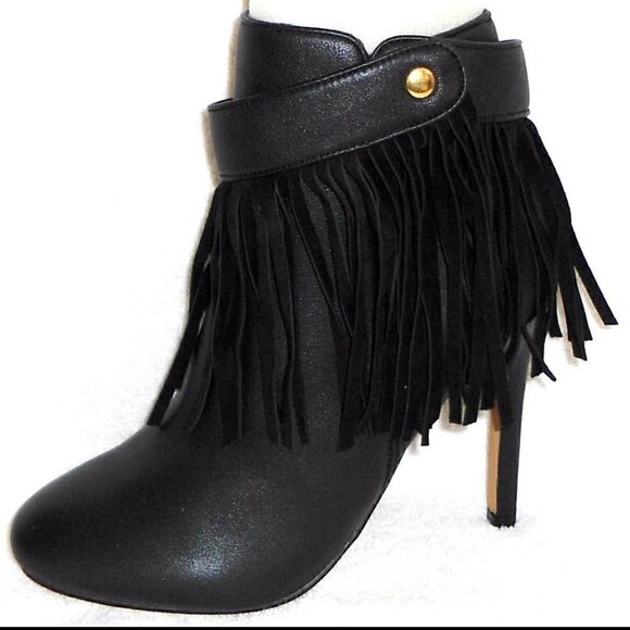 June Ambrose Black Leather Ankle Boots Platform Heels Fringe Tassel Bootie, 6.5W - Picture 1 of 10